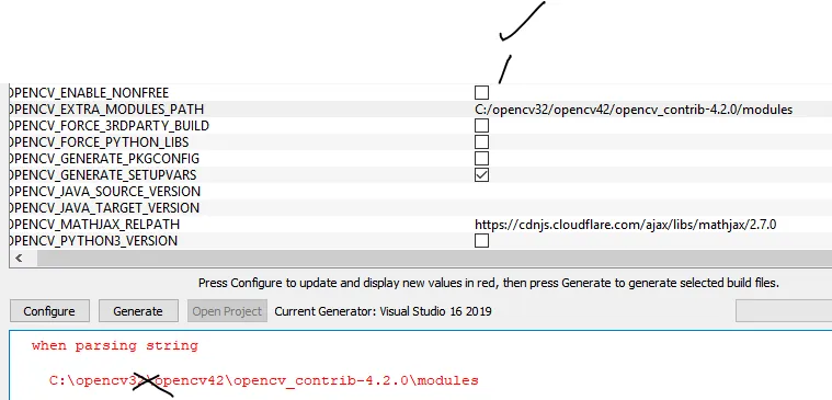 CMake reporting a 'when parsing string' error because OPENCV_EXTRA_MODULES_PATH was entered with backslashes instead of forward slashes