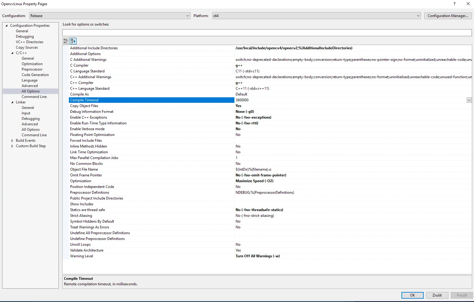 Visual Studio Linux project C/C++ options, with the include path set to /usr/local/include/opencv4/opencv2 and the C++ standard set to C++11