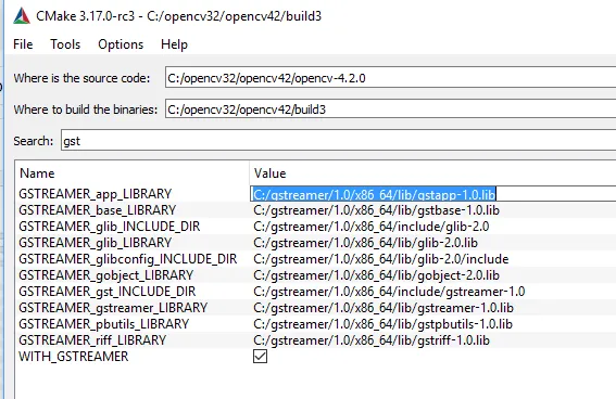 CMake variables filtered by 'gst', showing every GSTREAMER library and include path resolved under C:/gstreamer/1.0/x86_64 and WITH_GSTREAMER ticked
