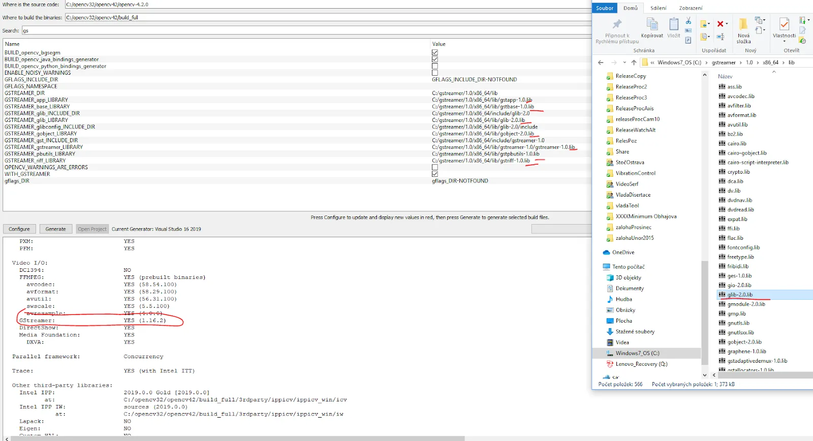 CMake output with GStreamer YES (1.16.2) circled under Video I/O, next to a File Explorer window showing the GStreamer lib folder