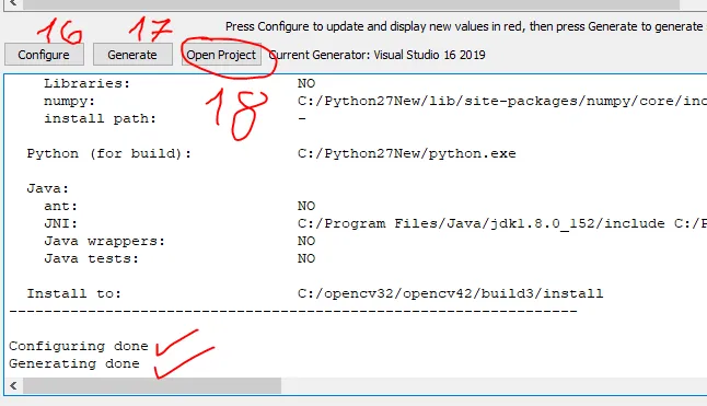 CMake finishing with Configuring done and Generating done, and the Configure, Generate and Open Project buttons marked 16, 17 and 18
