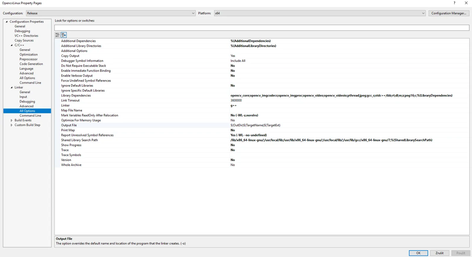Visual Studio Linux linker options listing the OpenCV library dependencies: opencv_core, opencv_imgcodecs, opencv_imgproc, opencv_video, opencv_videoio and their supporting libs