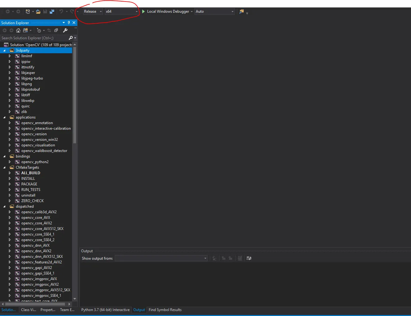 The generated OpenCV solution open in Visual Studio 2019, with Release and x64 circled in the toolbar