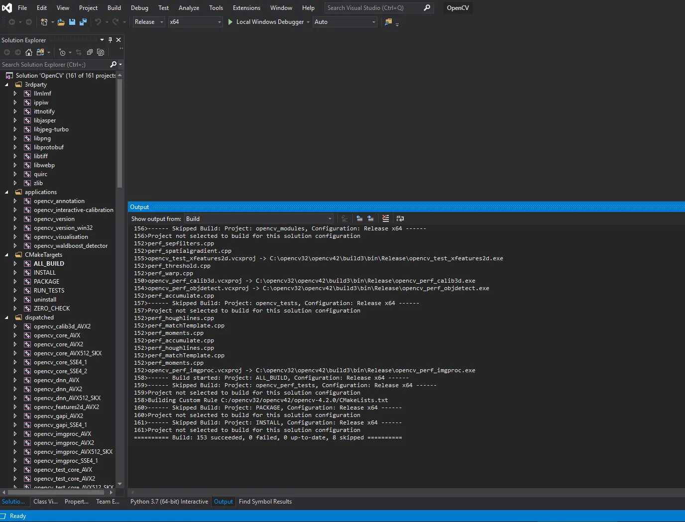 Visual Studio build output ending in Build: 153 succeeded, 0 failed after building the whole OpenCV solution