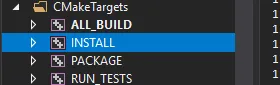 The INSTALL target selected under CMakeTargets in Visual Studio's Solution Explorer