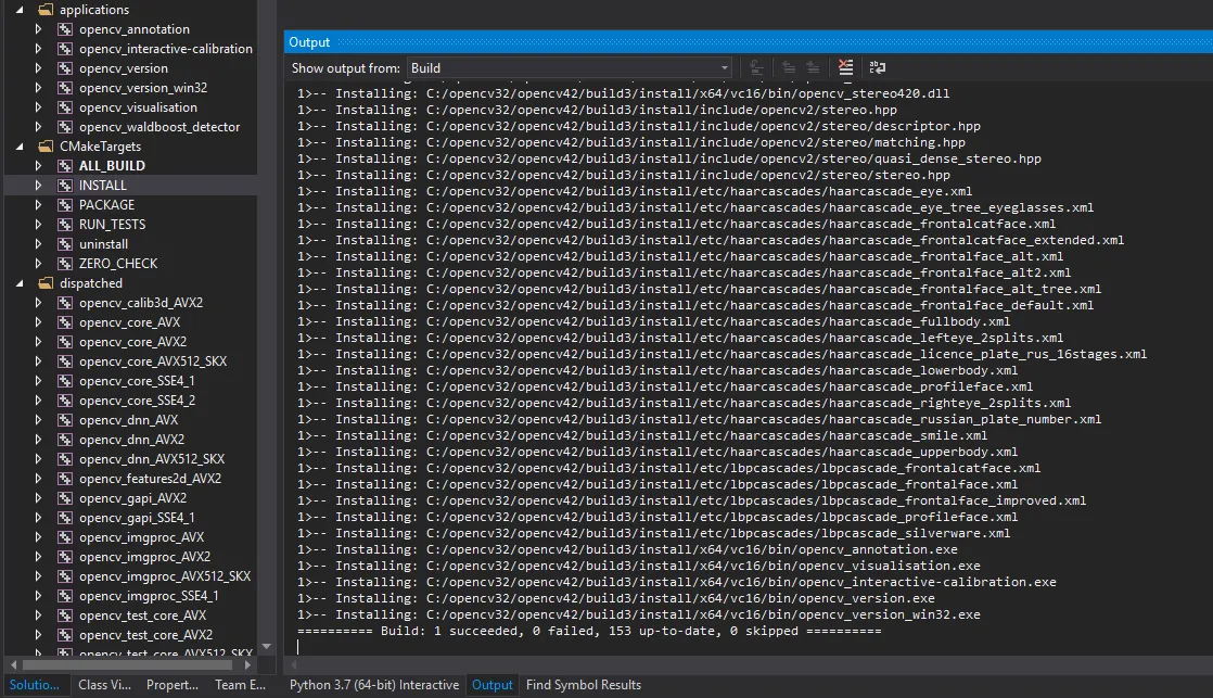 Visual Studio installing OpenCV headers, DLLs and the haarcascade and lbpcascade XML files into build3/install