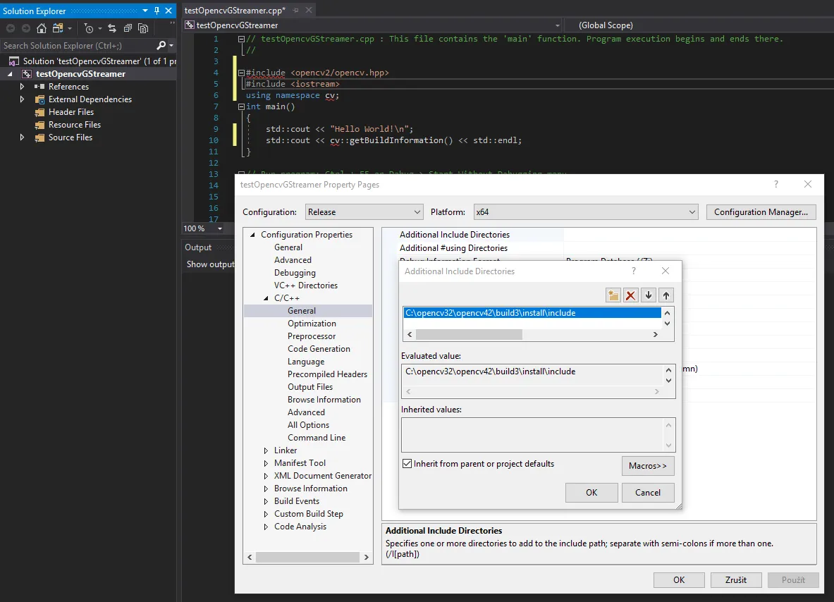 Visual Studio project properties with the OpenCV install/include folder added to Additional Include Directories