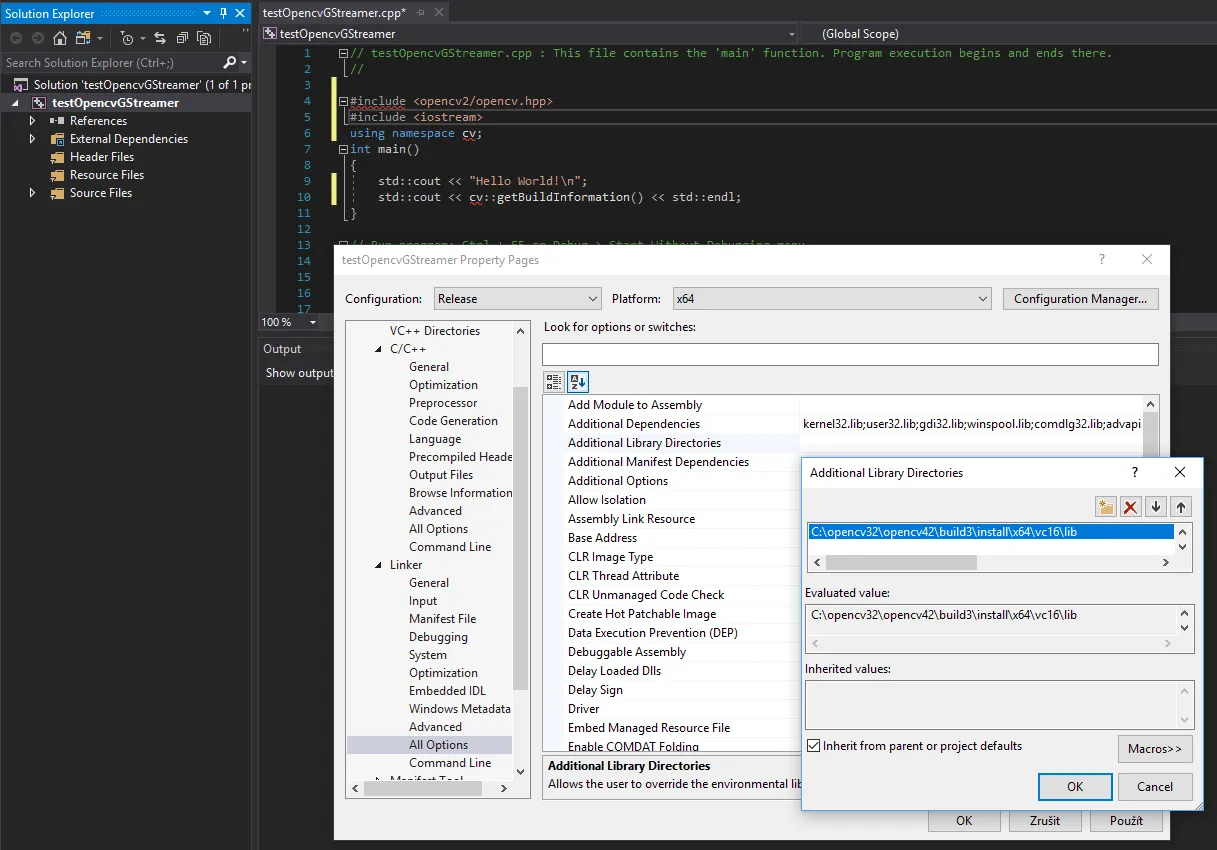 Visual Studio linker settings with install/x64/vc16/lib added to Additional Library Directories