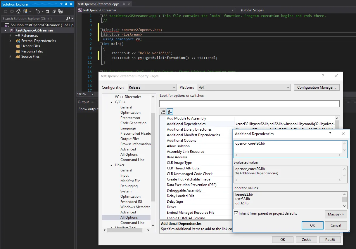 opencv_core420.lib typed into the linker's Additional Dependencies field