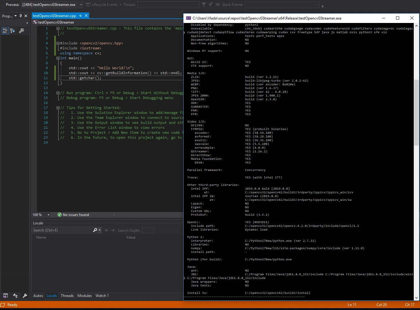 The finished test program printing cv::getBuildInformation(), with GStreamer YES (1.16.2) listed under Video I/O
